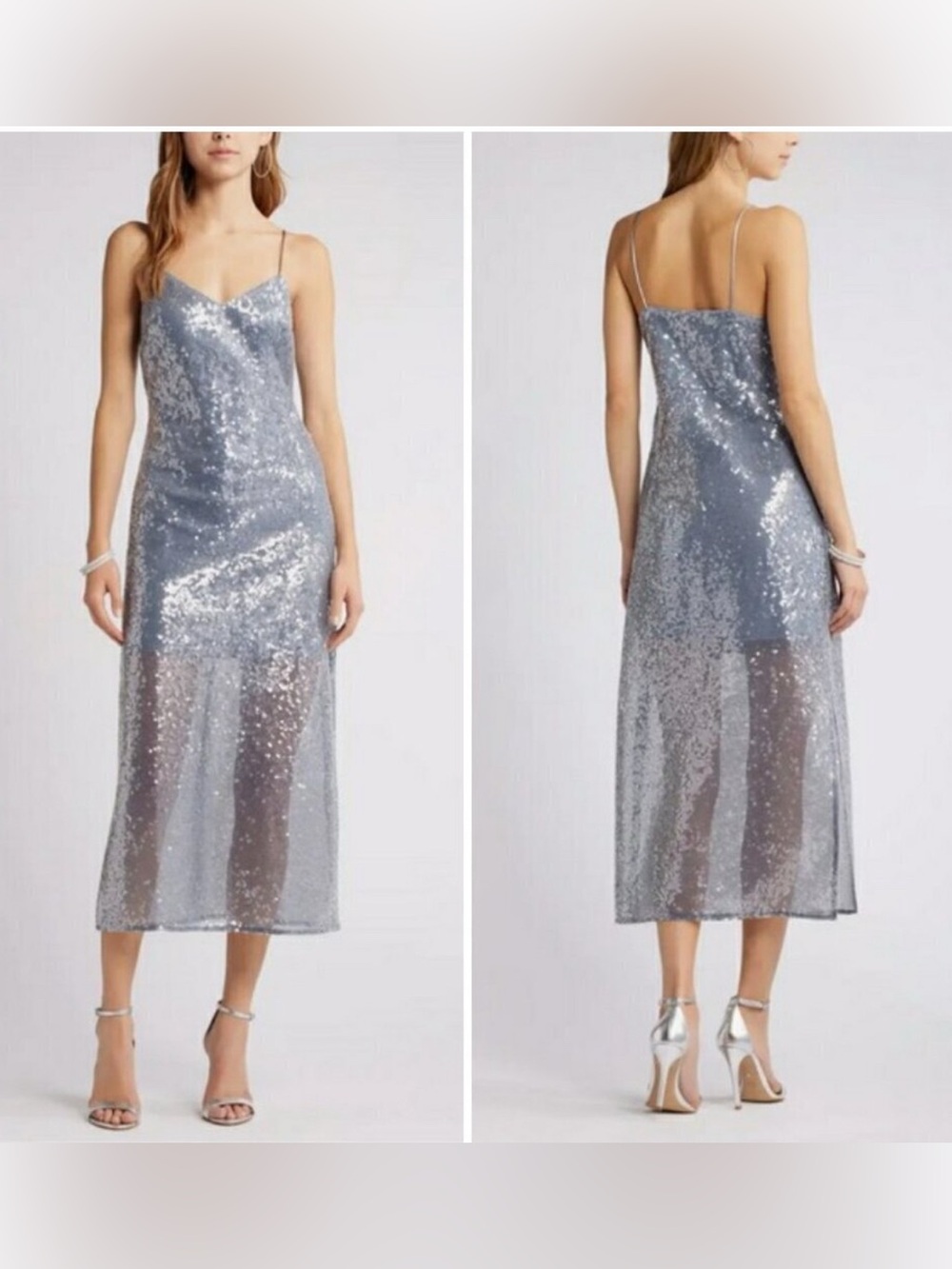 NWT Open Edit Silver Sequin Metallic Slip Midi Dress Large